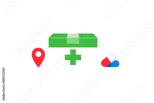 Health care symbol with a box, pills, and a location marker at a pharmacy in a modern digital design