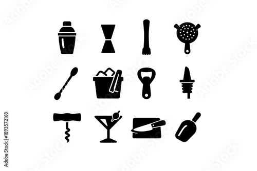 Collection of black bar tools and cocktail accessories icons on a white background
