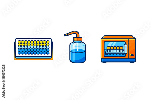 Equipment used in a laboratory for experiments including a reagent plate, wash bottle, and incubator at a research facility