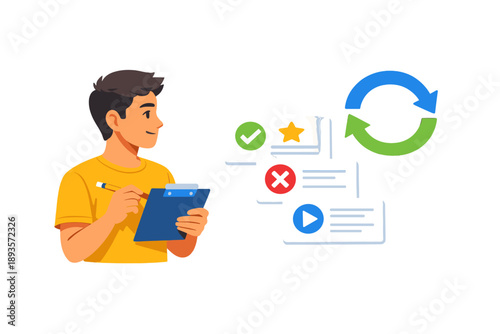 Person checking off tasks and reviewing updates on a clipboard while facing a series of icons representing organization and improvement