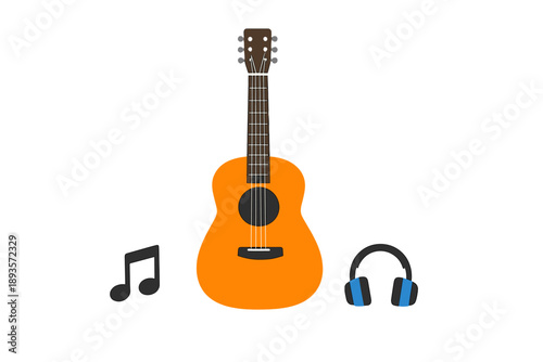 Musical setup with a guitar, headphones, and musical note on a simple background for creative inspiration in sound and rhythm