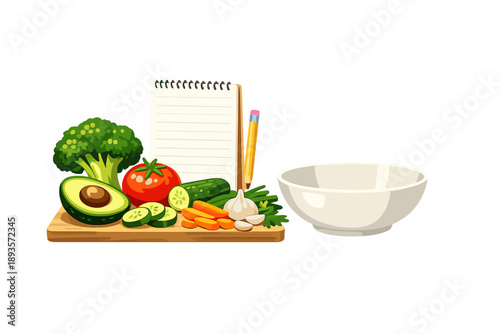 Cutting board with fresh vegetables, notepad, and empty bowl set on a white background ready for cooking at home kitchen