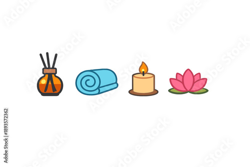 Home spa setup includes aromatherapy, towel, candle, and lotus flower for relaxation and self-care in the evening hours