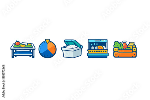 Different steps in meal preparation and cleanup process at home in a modern kitchen during the day with fresh ingredients and kitchenware