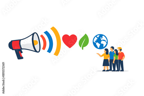 People gather to support environmental causes while using a megaphone to spread awareness in a public space during the day