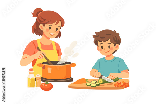 Mother and son cooking together in the kitchen while preparing food using fresh vegetables and a pot on the stove