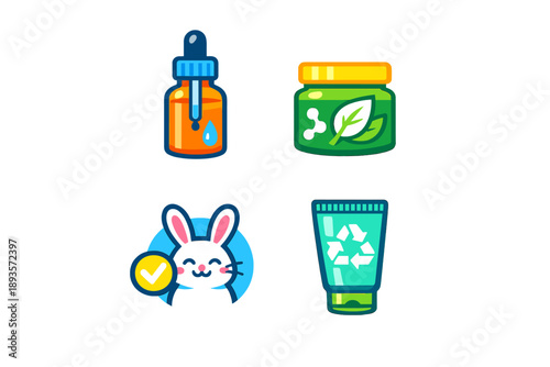 Colorful illustrations of wellness products include a dropper, cream jar, rabbit icon, and tube, showcasing health and eco-friendly choices for everyday use