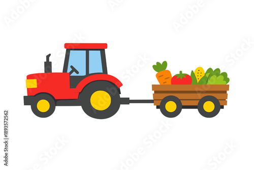 Tractor pulls trailer full of fresh vegetables during farming season in a rural area