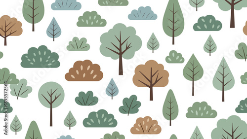 Stylized Forest Trees and Bushes Seamless Pattern for Nature-Inspired Graphic Design Background