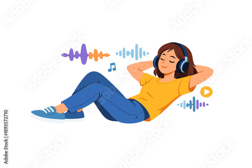 Young woman listens to music with headphones while relaxing at home in a cozy setting with colorful sound wave graphics