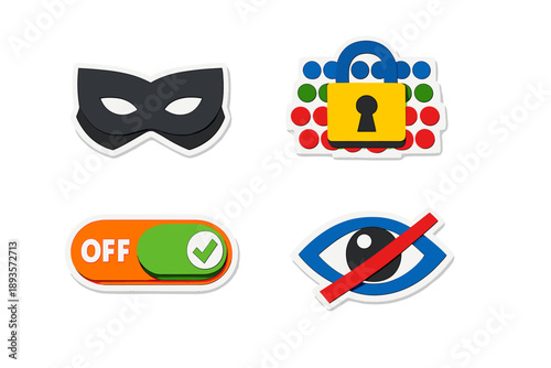 Icons of security and privacy showing a mask, a padlock, a switch turned off, and an eye with a line through it