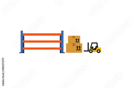 Forklift moves boxes near storage rack in a warehouse during daytime hours for inventory management and organization
