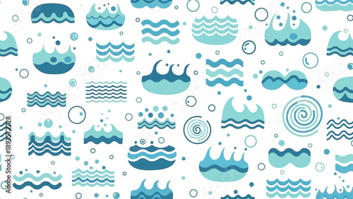 Seamless aquatic pattern with stylized blue waves and bubbles creating a dynamic liquid background