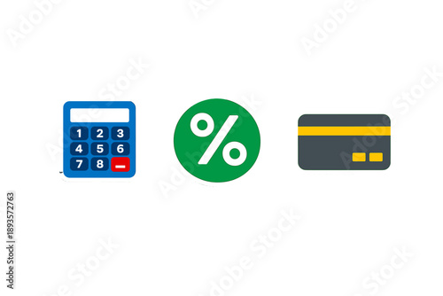 Calculating interest rates and payment methods using a calculator, percentage symbol, and credit card icon displayed on a white background