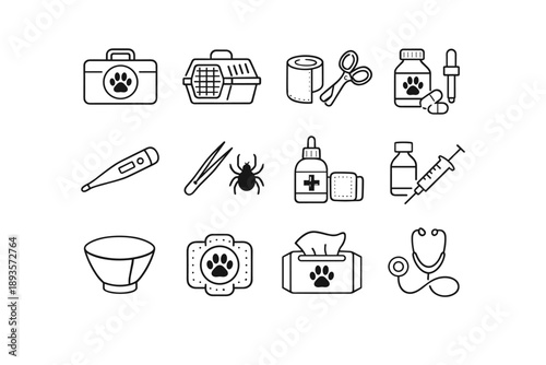 Veterinary care icons collection with paw print symbols for animal health and medical services