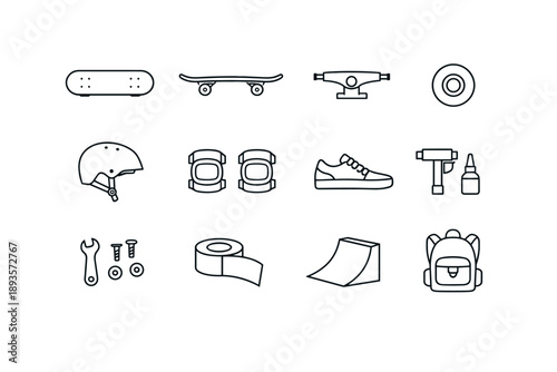 Collection of skateboard equipment and accessories, presented as simple line art icons
