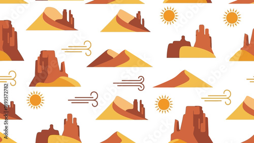 Seamless Desert Landscape Pattern with Sun, Wind, Mesas, and Sand Dunes in Flat Graphic Style