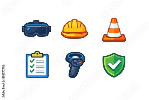 Construction tools and safety equipment including goggles, hard hat, traffic cone, clipboard, scanner, and shield displayed on a plain background
