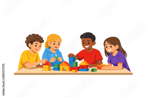 Children play with building blocks together at a table in a bright room during the afternoon