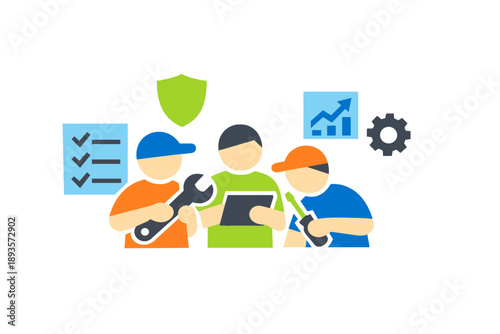 Three workers discussing tasks and reviewing plans in a work setting while using tools and technology during daytime hours