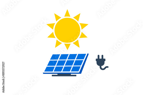 Solar energy is generated by a solar panel under the sun as an electric plug is shown to represent power supply and usage