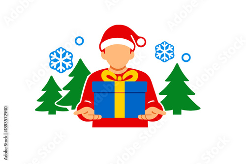 Person wearing a red sweater and a red hat stands in front of green trees and blue snowflakes holding a blue gift box in winter time
