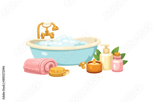 Bubble bath scene with a bathtub, towels, and various bath products arranged in a simple setup at home during the day