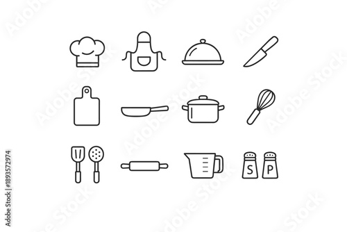 Collection of simple line art icons representing various kitchen utensils and cooking tools