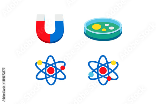 Objects related to science and discovery include a magnet, petri dish, and atomic structures arranged in a simple layout for learning about physical principles