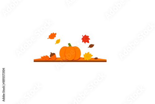 Pumpkin and autumn leaves display on a wooden shelf during the fall season in a cozy setting with a warm atmosphere