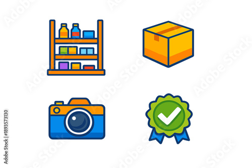 Shelves filled with bottles and boxes in a storage area with a camera and a certification badge displayed