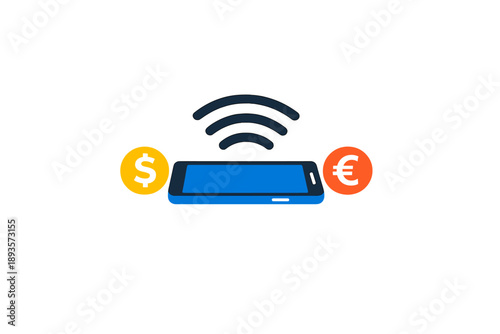 Wireless payment transfer using a smartphone in a digital transaction scenario with money symbols on either side