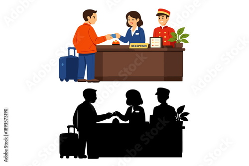 Visitors check in at a hotel reception desk while a bellhop stands nearby and additional guests are seated in the background during a busy afternoon