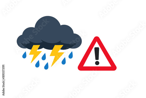 Thunderstorm warning with clouds and lightning sign displayed to inform about bad weather conditions