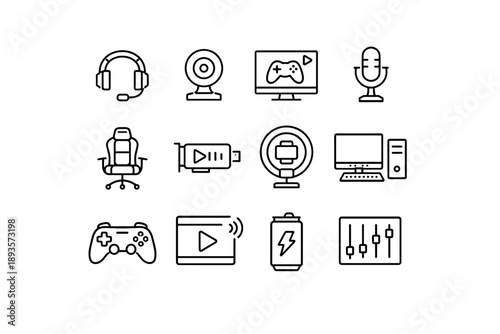 Collection of gaming and streaming equipment icons in a clean, modern line art style