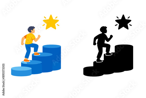 Person climbs steps toward a star on a blue and black background during daytime to represent progress and achievement