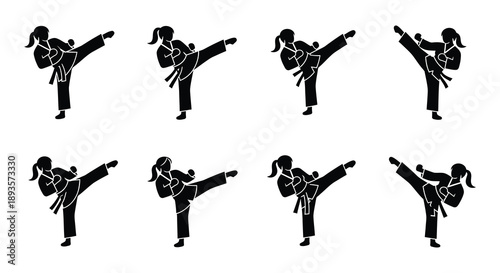 Silhouette illustrations of women practicing martial arts kicks in a grid pattern