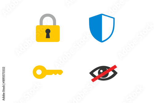 Symbols representing security and privacy in digital spaces, including lock, shield, key, and eye with slash, showing importance of protection