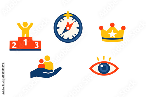 Stickers showing various icons related to achievement, guidance, family, and observation on a plain background