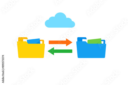 Data transfer between two folders with cloud storage symbol above, showing movement of files indicating sharing or synchronization process