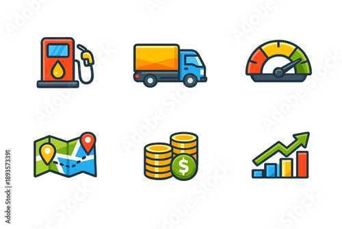 Gas station, delivery truck, speedometer, map, coins, and growth chart illustrate the logistics and transportation industry in a simple layout