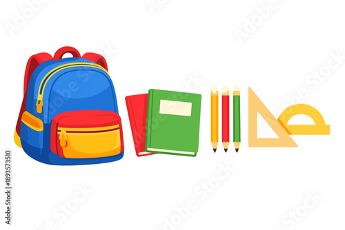 Colorful school supplies are arranged neatly on a white background with a backpack, books, pencils, and a ruler displayed together at a certain time of day