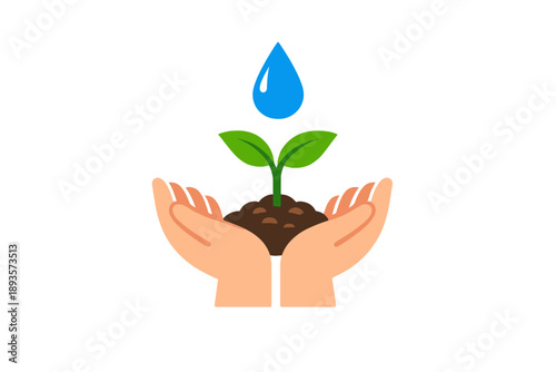 Hands hold a small plant with soil and a droplet of water above it in a simple design focused on growth and care for nature