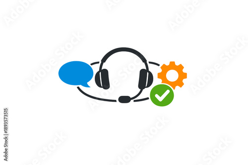Customer support headset with speech bubble, gear, and checkmark symbol shows connection and assistance in tech support services