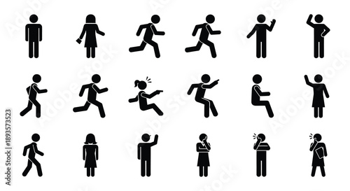 Collection of diverse black stick figures depicting various human actions