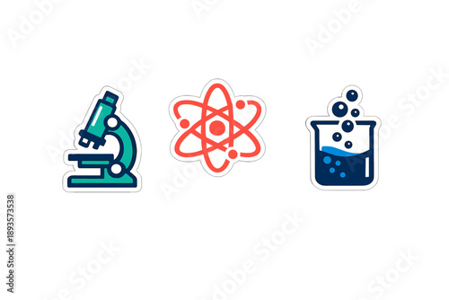 Stickers of a microscope, atom, and beaker that represent science and experiments in a classroom setting
