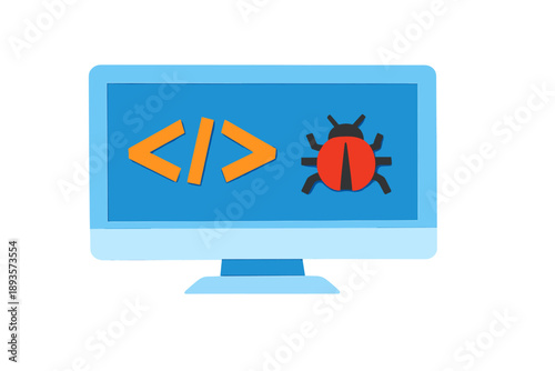 Screen shows coding symbols and a bug icon, representing programming activities in a software development context