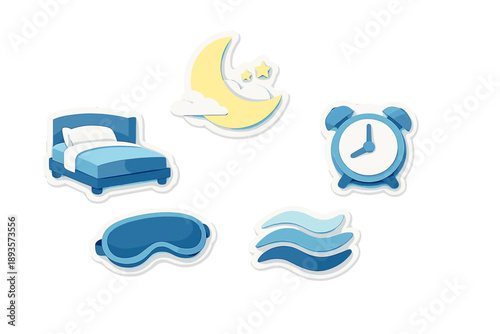 Symbols for sleep and rest that show essential items for bedtime and waking up, set on a plain background with a blue color theme