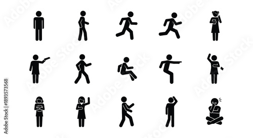 Collection of diverse black stick figures depicting various human actions