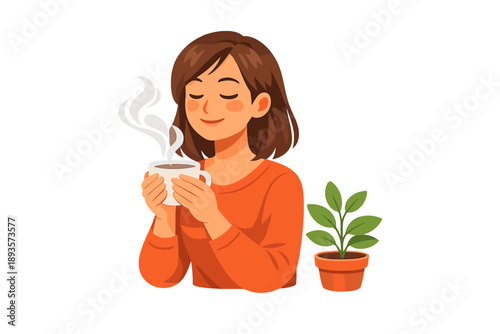 Woman enjoys warm drink while relaxing at home with a small plant nearby during a cozy afternoon